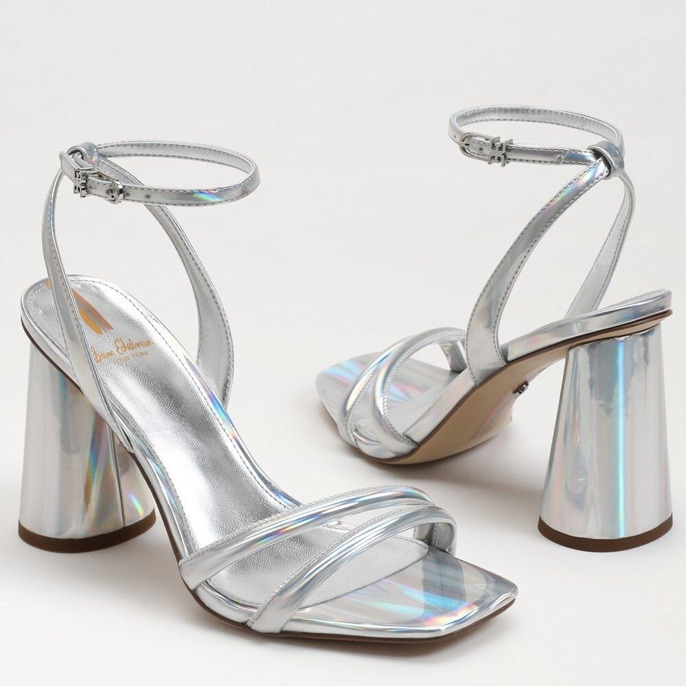 Sam Edelman Strappy Sandals 10 Block Heel Wedding Party Glam Metallic Silver Kia